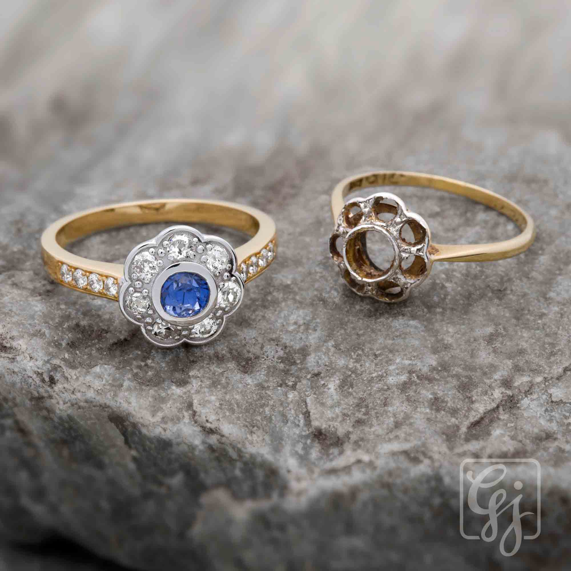 Before and After Ring Remodelled, 70 Year Old heirloom blue sapphire ring remodelling, jewellery remodelling by Gillian's Jewellery, Jewellery Shop Forest Hill Melbourne, Jewellery Repair, Jewellery Remodel, Jewellery Restore, Custom handmade jewellery Design