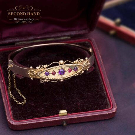 Vintage Bracelet, 9k yellow gold Vintage Amethysts and rubies hinged bangle, Gillians Jewellery - Second hand jewellery, Vintage Jewellery, Antique Jewellery, Mourning Jewellery, Forest Hill, Melbourne